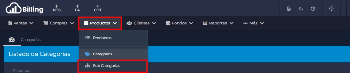 Categorías Billing